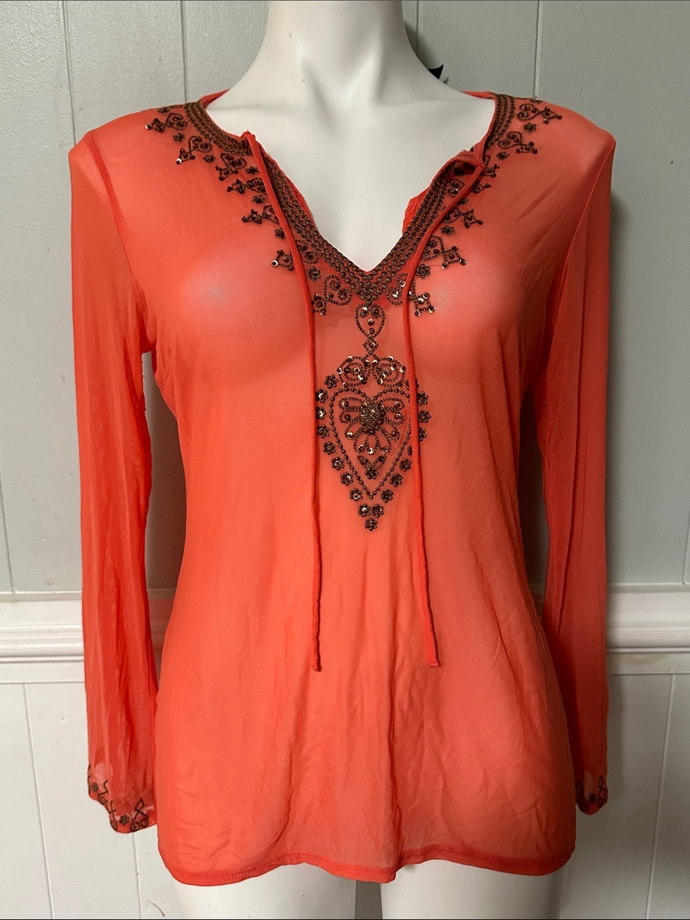 New York & Company Coral Embellished V-Neck Long-Sleeve Tunic